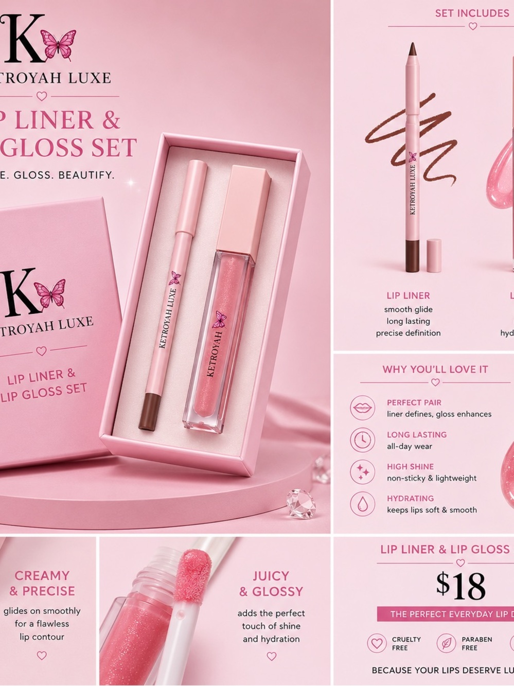 Ketroyah Luxe Pink Lip Liner & Gloss Set